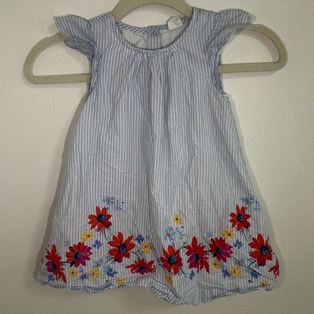 Baby Gap blue and white striped floral detail dress